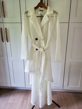 CQbyCQ Hi-Lo Trench Coat Womens XL Ethereal White Lace Longline Belted Cardigan